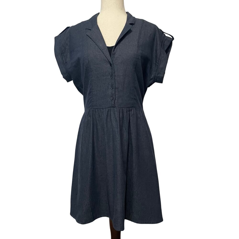 Copper Key Chambray Shirt Dress Dark Denim Blue Smocked Waist A-Line Juniors L